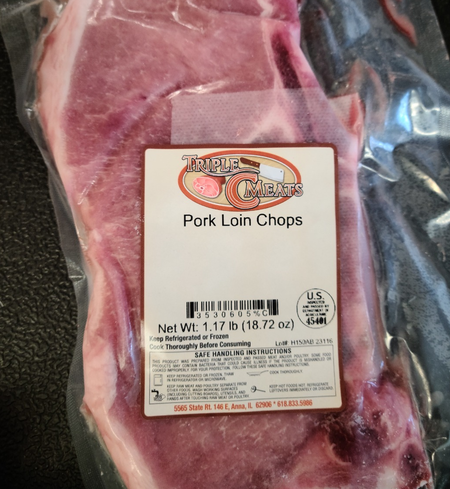 4f856a95-2372-4f0e-af09-b60a888b6466 Package of Triple C Meats Pork Loin Chops weighing 1.17 pounds, featuring a label with cooking instructions and safe handling information.